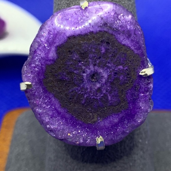 Rustic Cut Deep Purple Solar Agate Ring! .925 Sterling Silver Plated, Size 8 - Picture 5 of 10